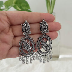 Radha Krishna Swing Drop Beads Silver Oxidised Trendy Earrings