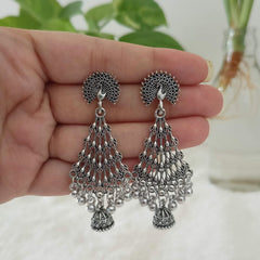 Peacock Drop Jhumka Silver Oxidised Trendy Earrings