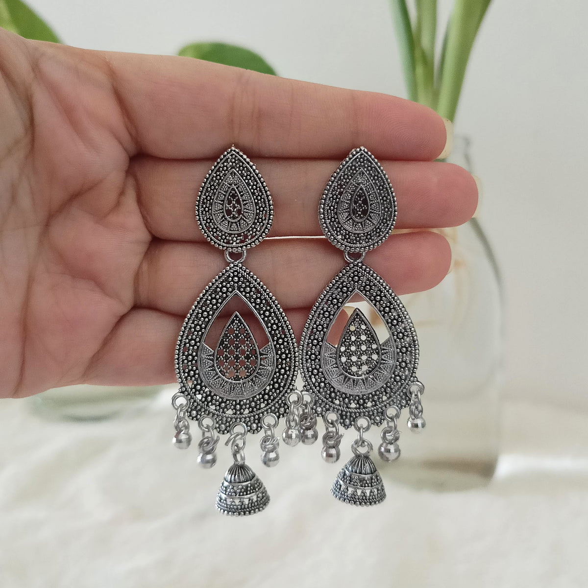 Water Drop Shape Drop Jhumka Silver Oxidised Trendy Earrings