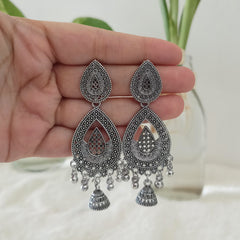 Water Drop Shape Drop Jhumka Silver Oxidised Trendy Earrings