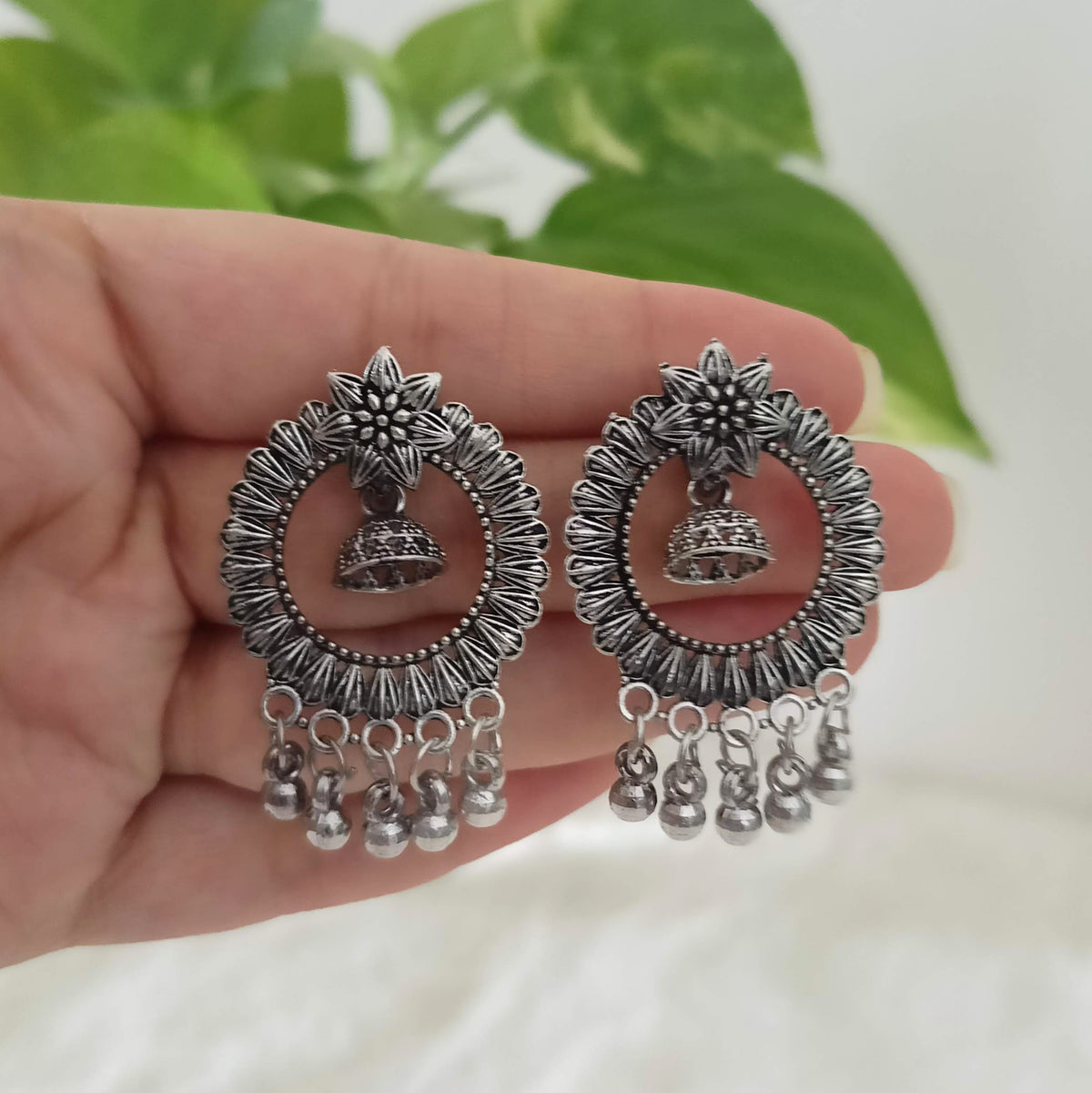 Flower Baali Inside Jhumka Silver Oxidised Trendy Earrings