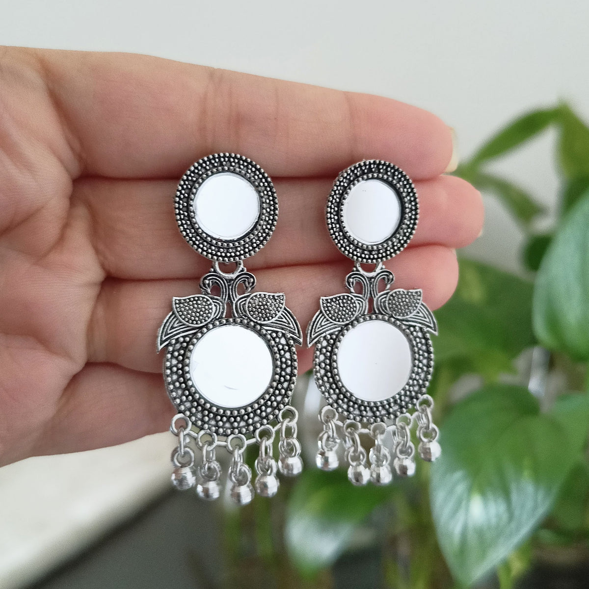 Double Round Mirror Silver Oxidised Trendy Earrings