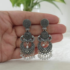 Peacock Design Drop White Beads Silver Oxidised Trendy Earrings