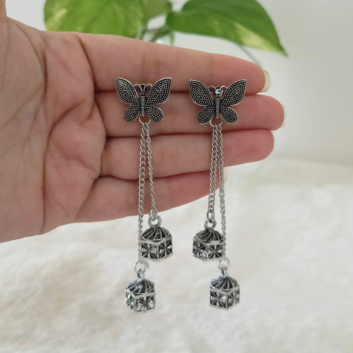 Butterfly Chain Double Jhumka Silver Oxidised Trendy Earrings