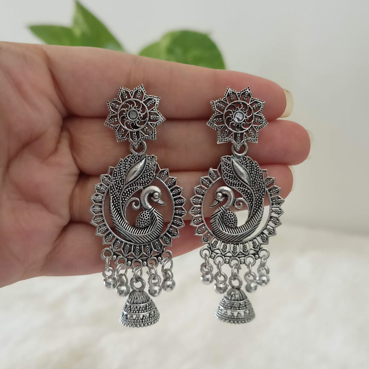 Beautiful Peacock Design Drop Jhumka Silver Oxidised Trendy Earrings
