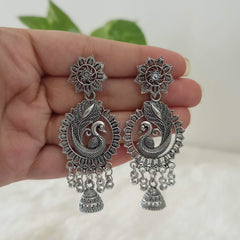 Beautiful Peacock Design Drop Jhumka Silver Oxidised Trendy Earrings