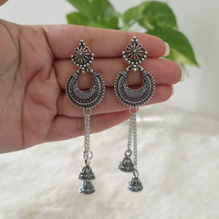 Drop Double Jhumka Chaandbali Silver Oxidised Trendy Earrings