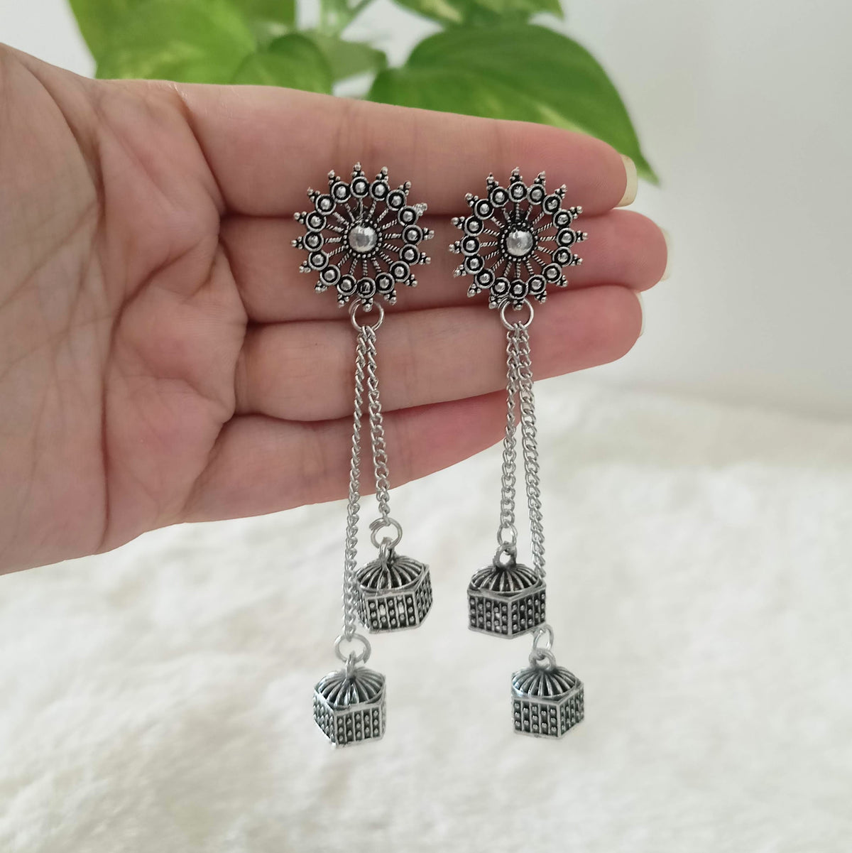 Ethnic Double Jhumka Silver Oxidised Trendy Earrings