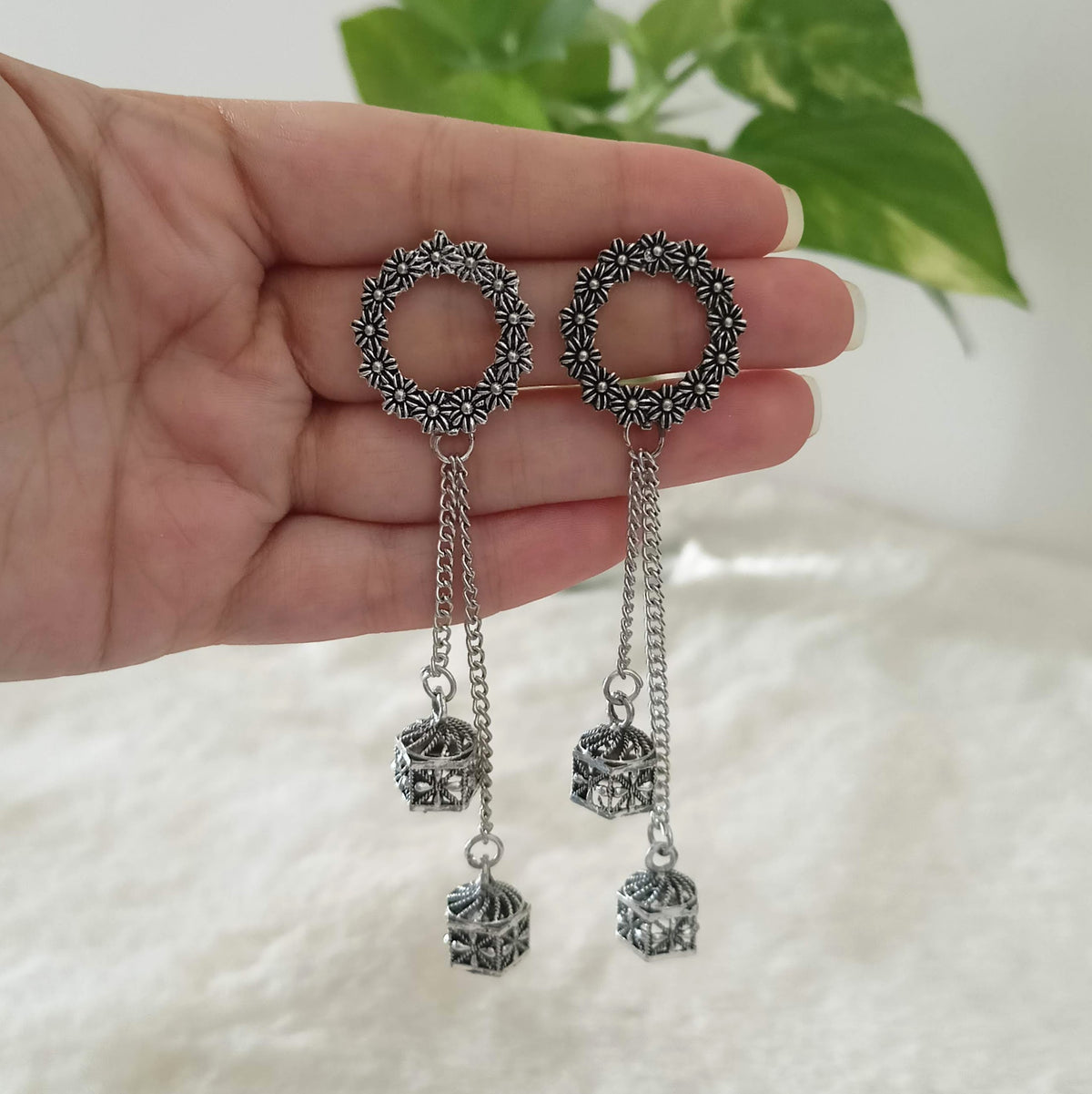 Flower Circle Double Jhumka Silver Oxidised Trendy Earrings