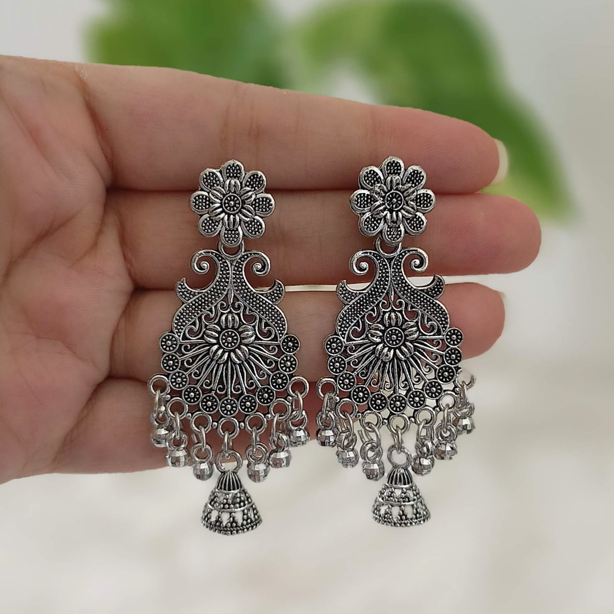 Flower With Jhumka Fusion Silver Oxidised Trendy Earrings