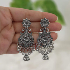 Flower With Jhumka Fusion Silver Oxidised Trendy Earrings