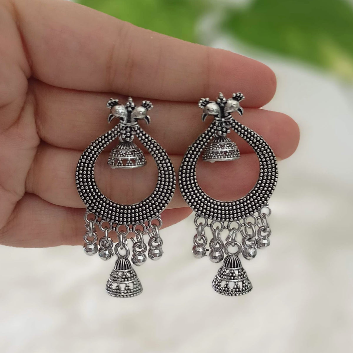 Peacock Face Jhumka Baali Silver Oxidised Trendy Earrings