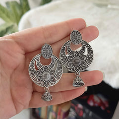 Big Flower Engraved Jhumka Silver Oxidized Trendy Earrings