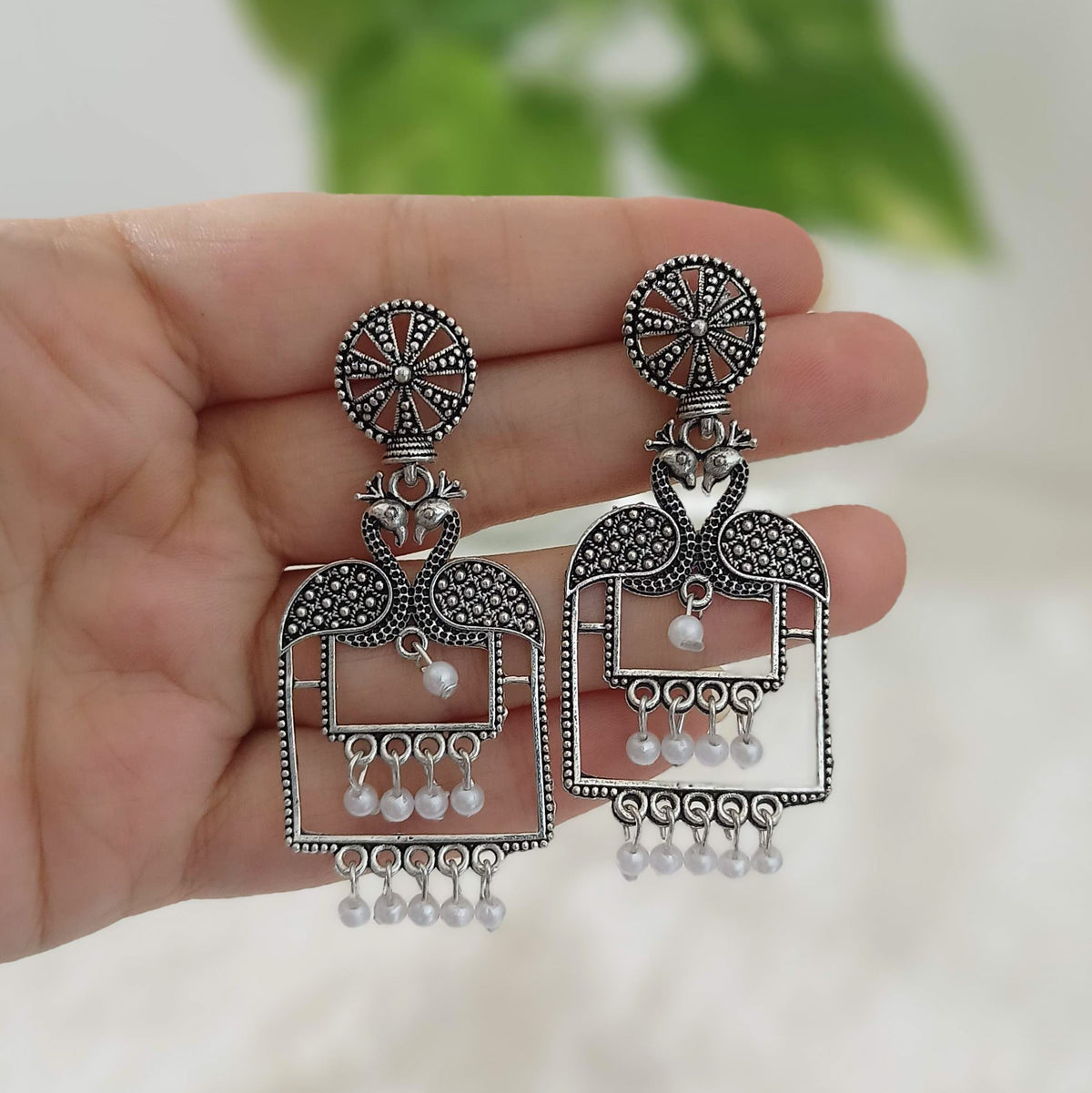 White Beads Peacock Silver Oxidized Trendy Earrings