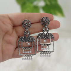 White Beads Peacock Silver Oxidized Trendy Earrings