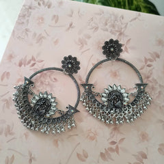 Dancing Couple Big Chaand Baaliyan Stone Studded Silver Oxidised Earrings
