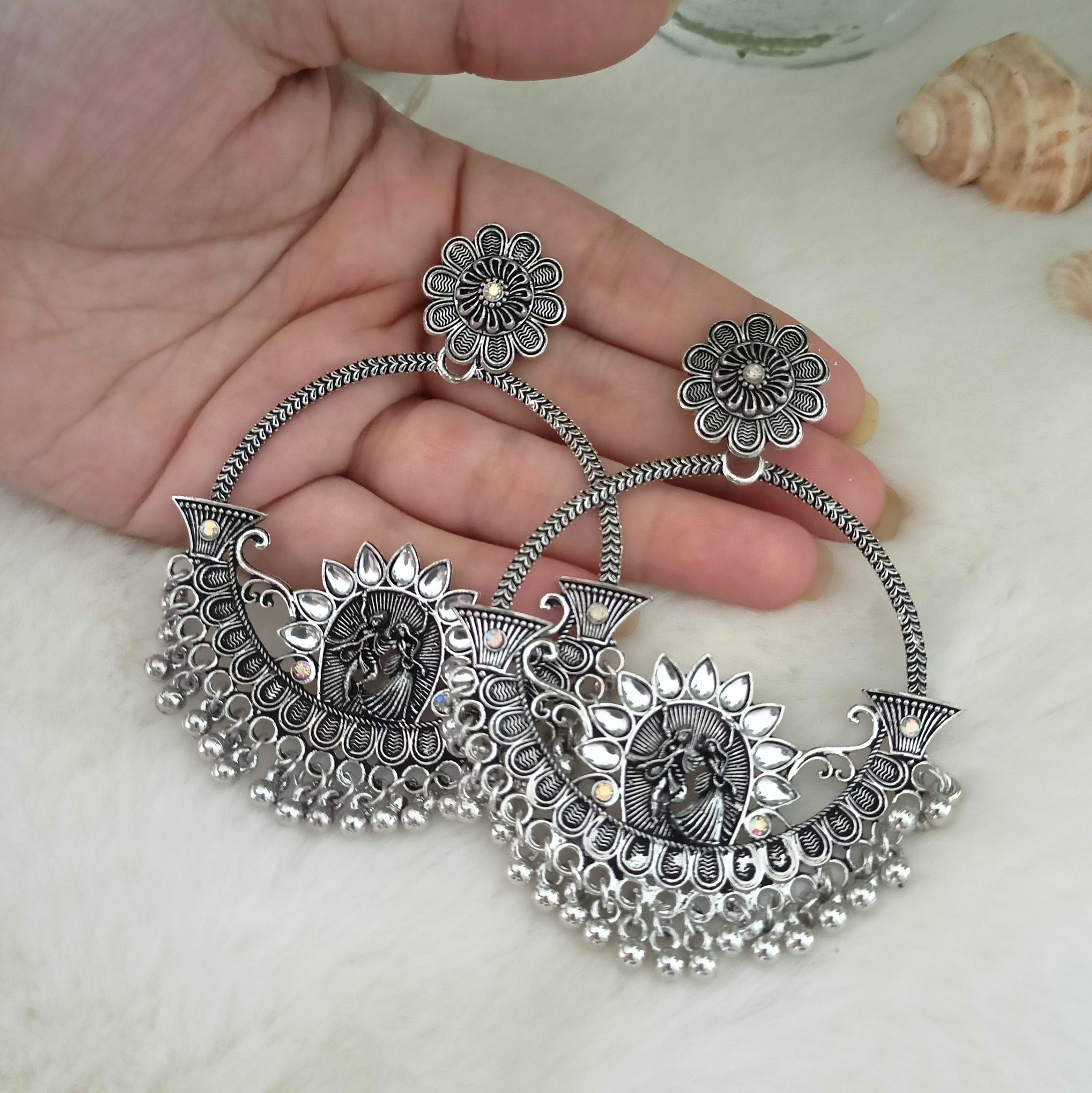 Dancing Couple Big Chaand Baaliyan Stone Studded Silver Oxidised Earrings