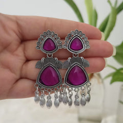 Purple Color Stone Sticker Silver Oxidized Trendy Earrings