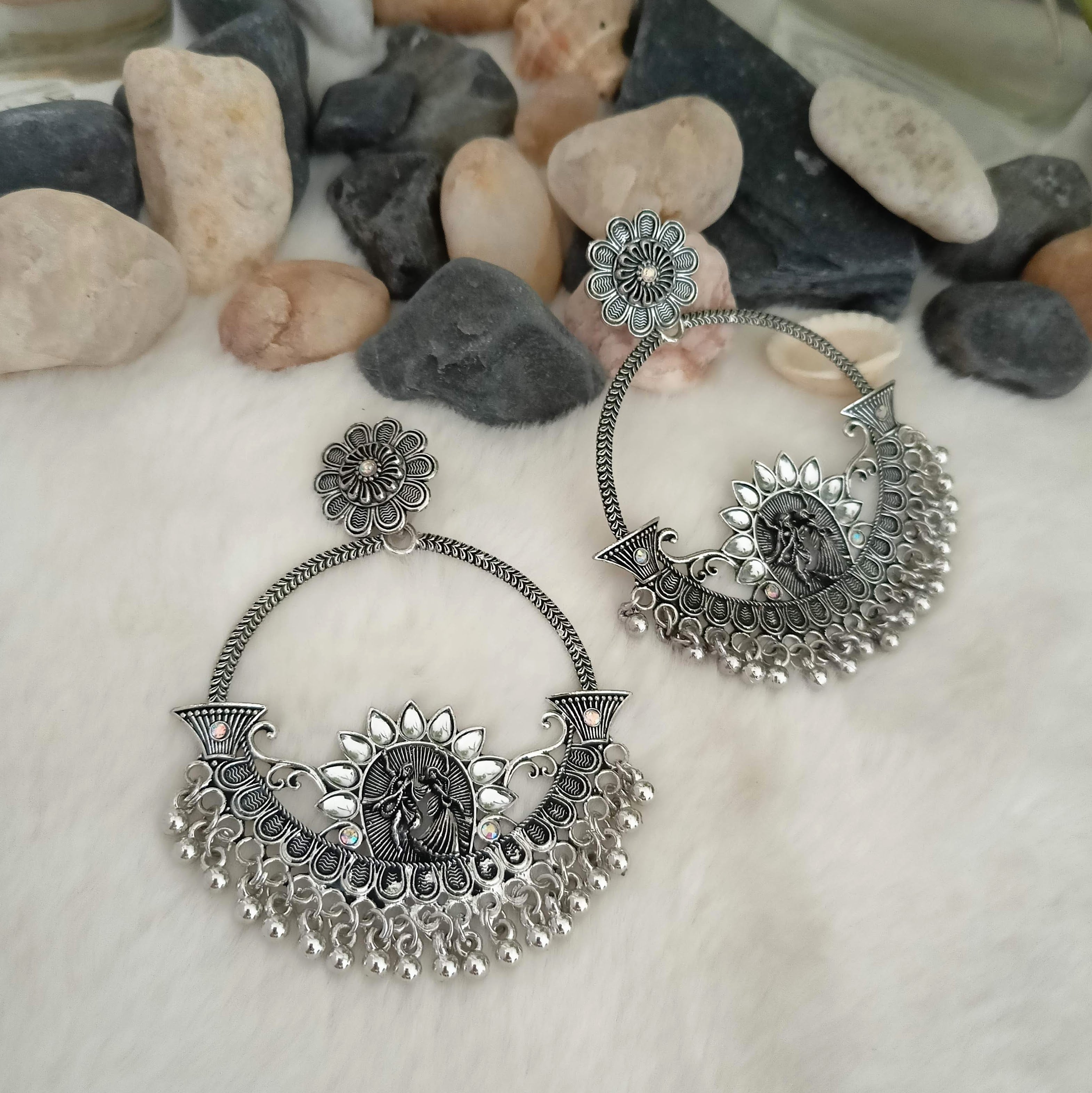 Dancing Couple Big Chaand Baaliyan Stone Studded Silver Oxidised Earrings
