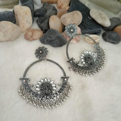 Dancing Couple Big Chaand Baaliyan Stone Studded Silver Oxidised Earrings