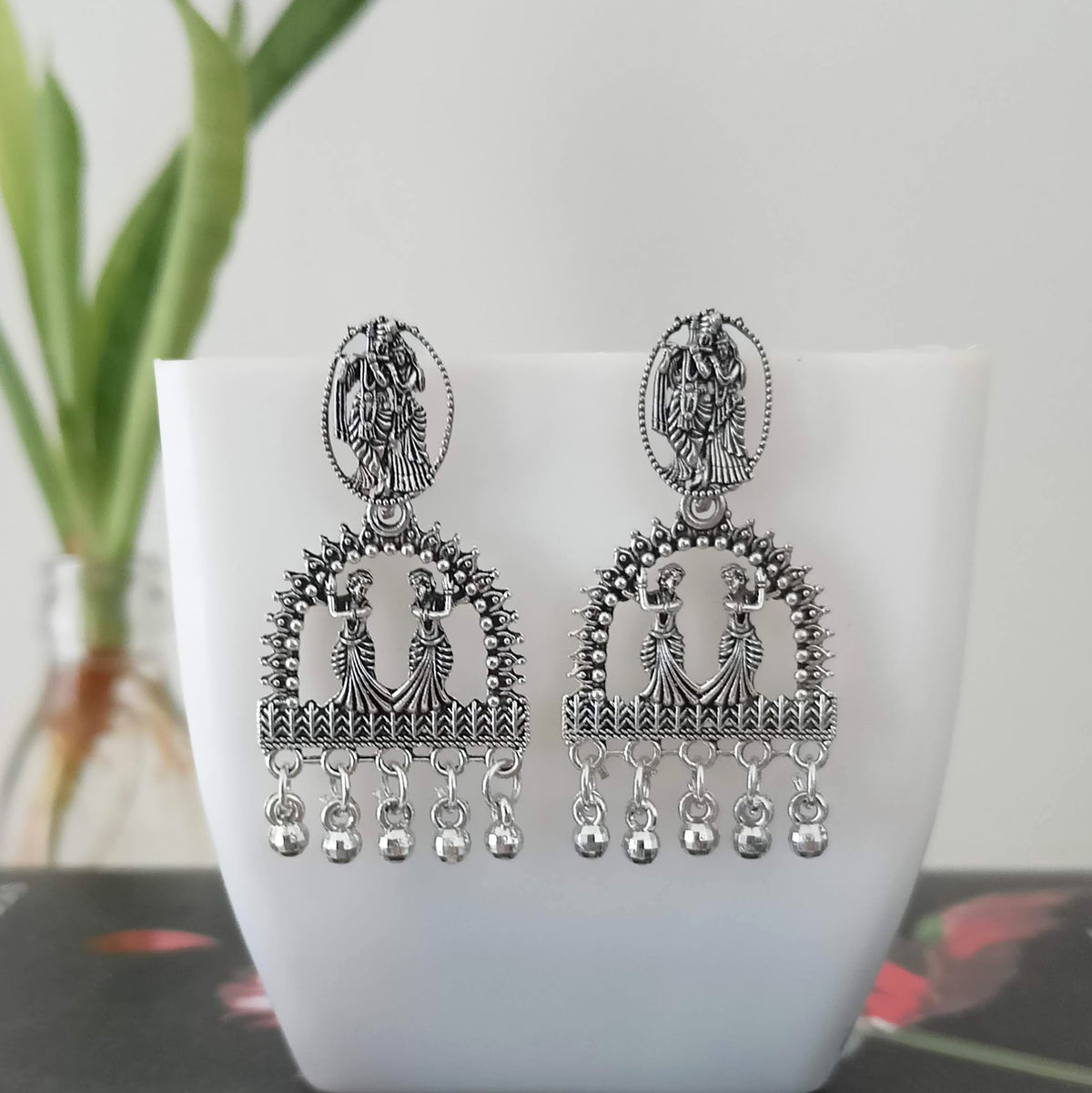 Radha Krishna Design Silver Oxidized Trendy Earrings
