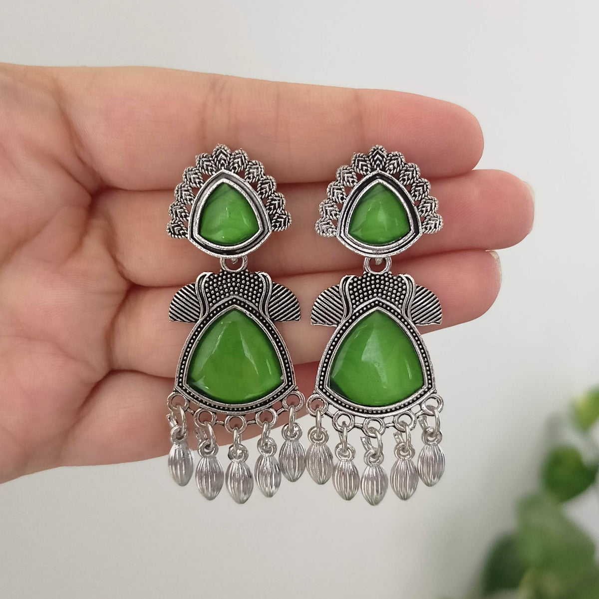 Green Stone Sticker Silver Oxidized Trendy Earrings