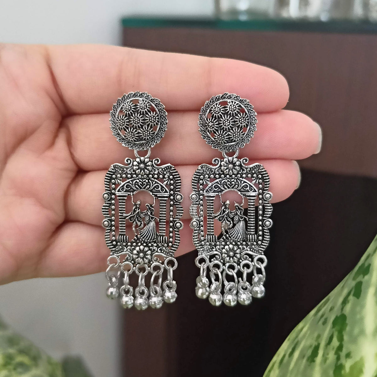 Dancing Couple Rectangle Shape Silver Oxidized Trendy Earrings