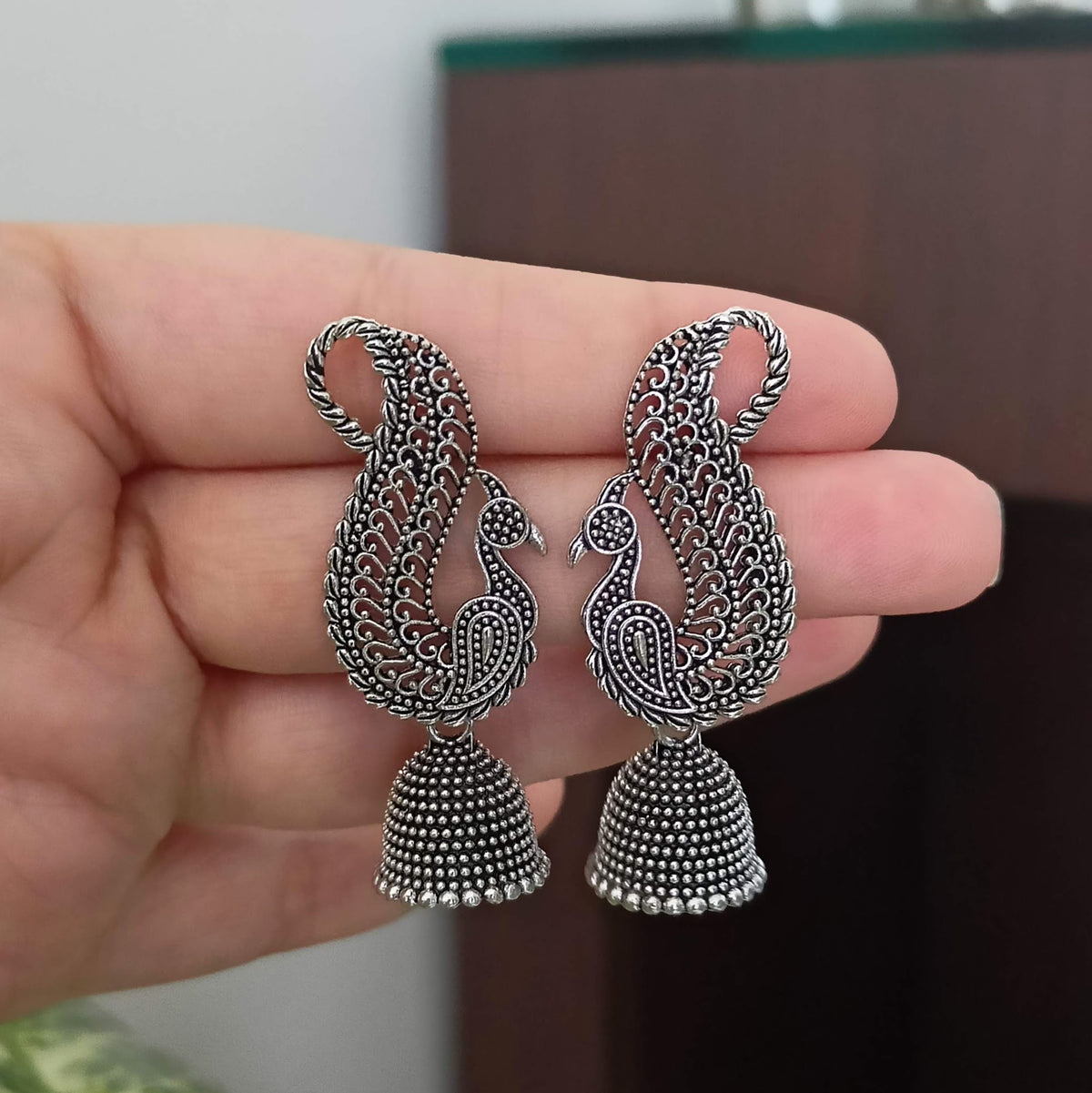 Peacock Design Drop Jhumka Silver Oxidized Trendy Earrings