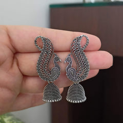 Peacock Design Drop Jhumka Silver Oxidized Trendy Earrings