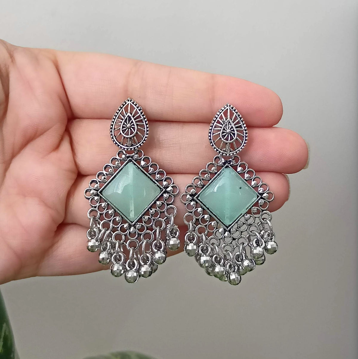 Light Green Stone Sticker Silver Oxidized Trendy Earrings