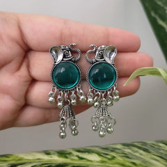Teal Sea Green Stone Sticker Elephant Round Drop Jhumka Oxidised Earrings