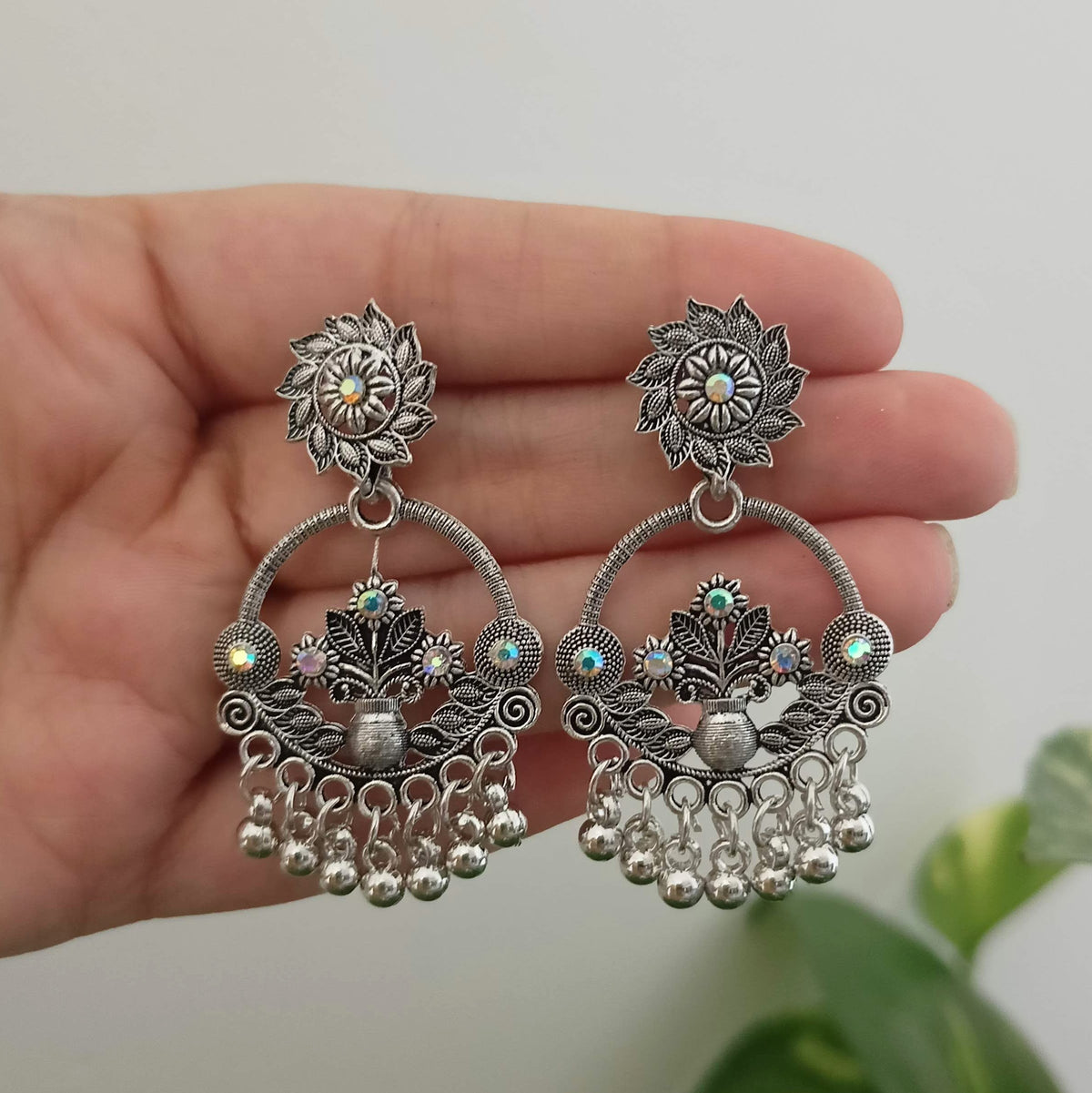 Flower Pot Design Chaandbali Silver Oxidized Trendy Earrings