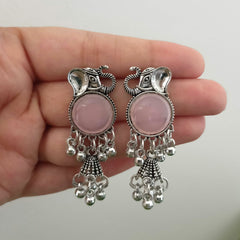 Baby Pink Stone Round Sticker Elephant Drop Jhumka Oxidised Earrings