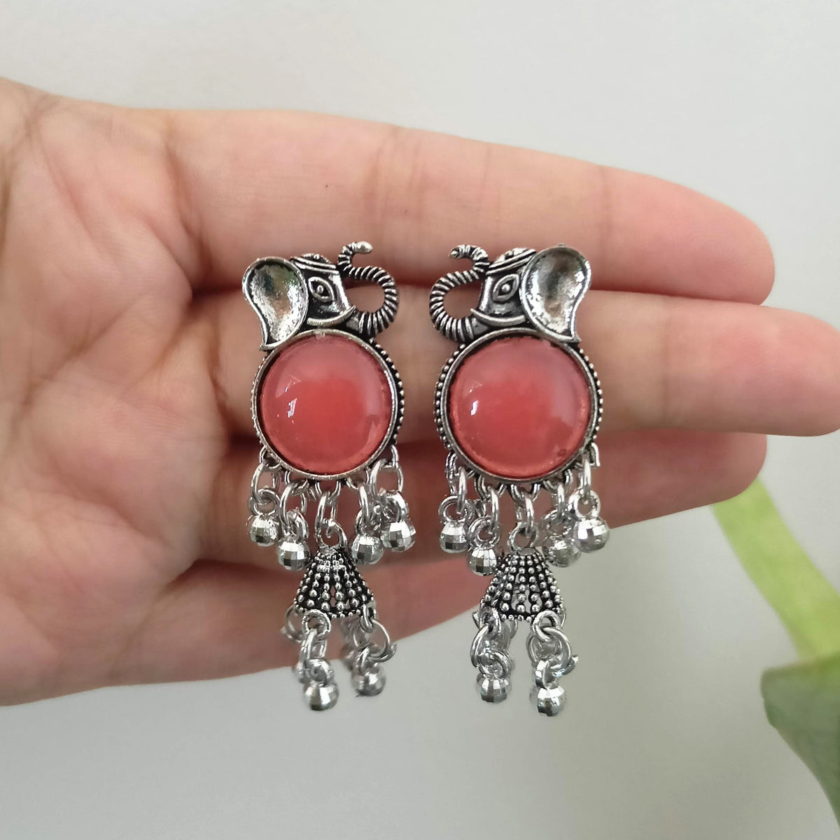 Peach Color Stone Round Sticker Elephant Drop Jhumka Oxidised Earrings