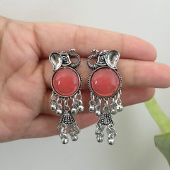 Peach Color Stone Round Sticker Elephant Drop Jhumka Oxidised Earrings
