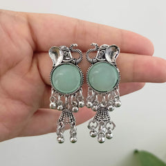 Light Green Color Stone Round Sticker Elephant Drop Jhumka Oxidised Earrings