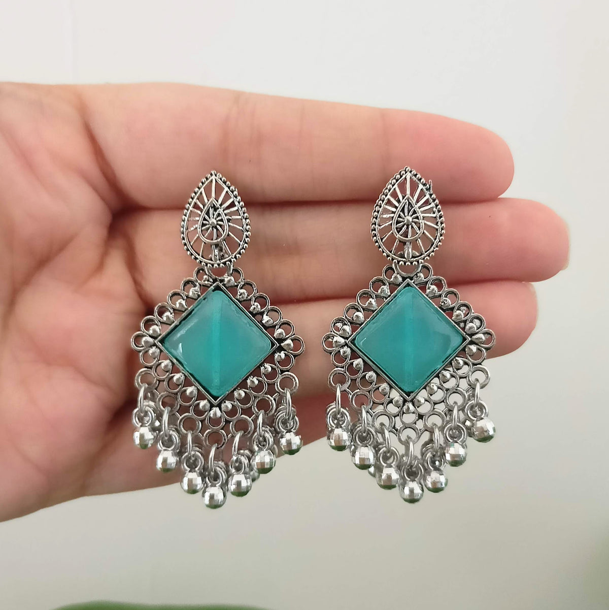 Blue Color Stone Sticker Diamond Shape Silver Oxidised Earrings