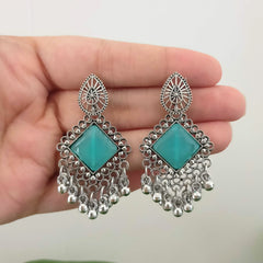 Blue Color Stone Sticker Diamond Shape Silver Oxidised Earrings