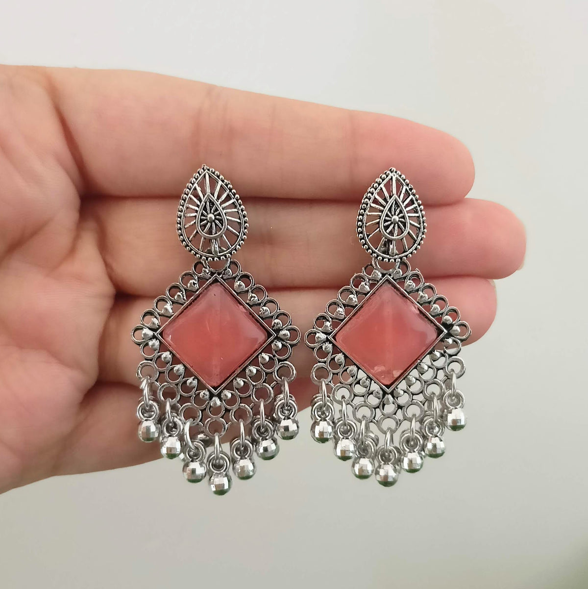 Peach Color Stone Sticker Diamond Shape Silver Oxidised Earrings