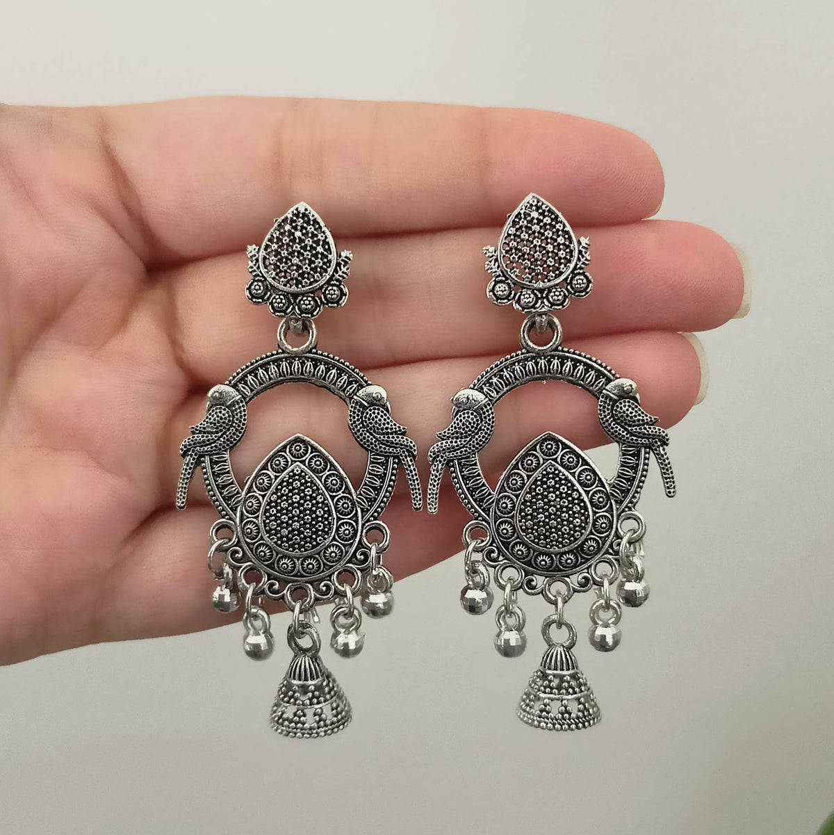 Bird Design Drop Jhumka Silver Oxidised Earrings