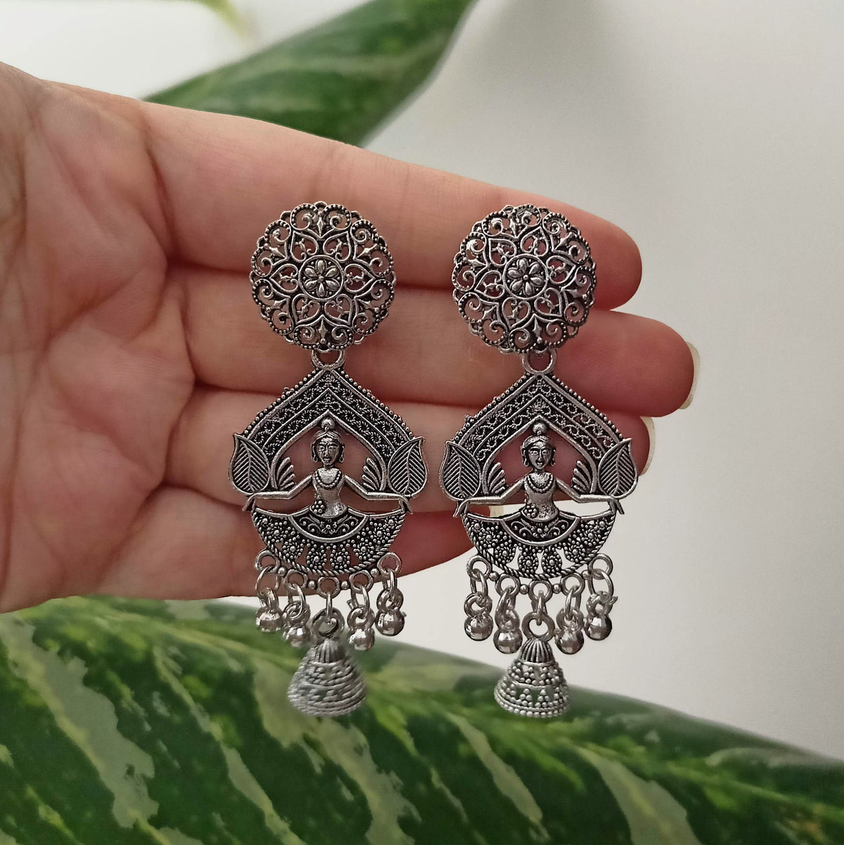 Ethnic Girl Design Drop Jhumka Silver Oxidised Earrings