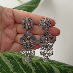Ethnic Girl Design Drop Jhumka Silver Oxidised Earrings