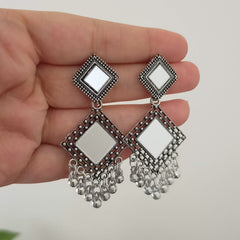 Diamond Shape Double Mirror Silver Oxidised Earrings
