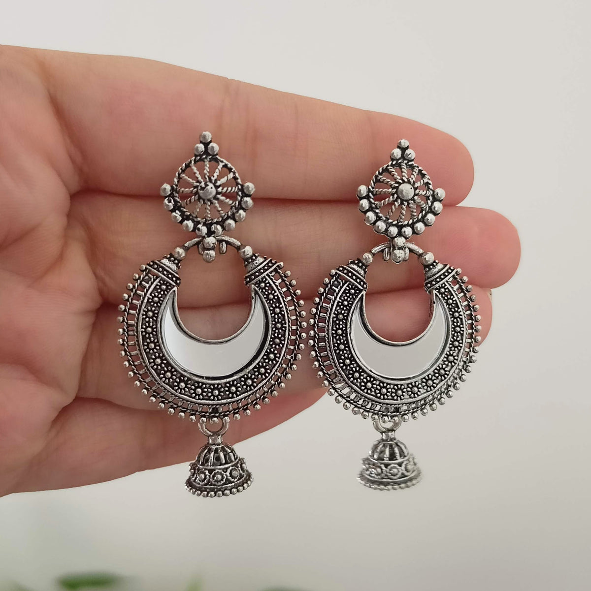 Half Moon Shape Mirror Jhumka Silver Oxidised Earrings