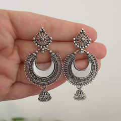 Half Moon Shape Mirror Jhumka Silver Oxidised Earrings