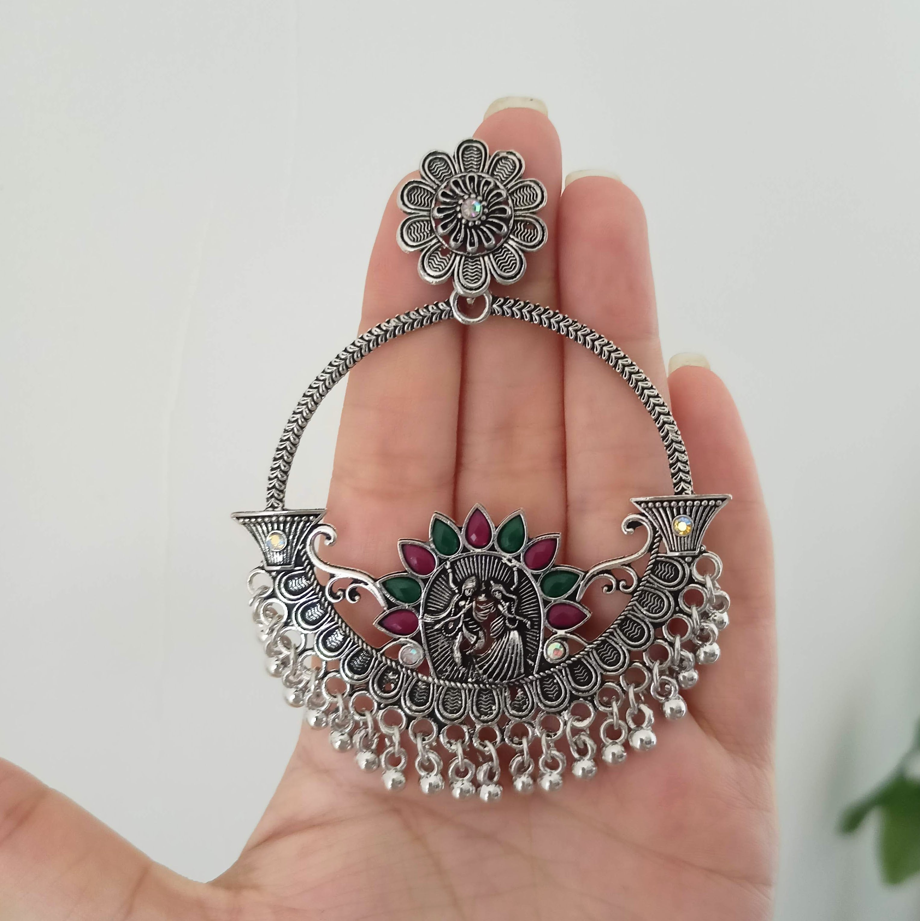 Chaand baaliyan Green & Pink Stone Silver Oxidised Earrings