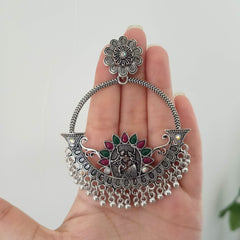 Chaand baaliyan Green & Pink Stone Silver Oxidised Earrings