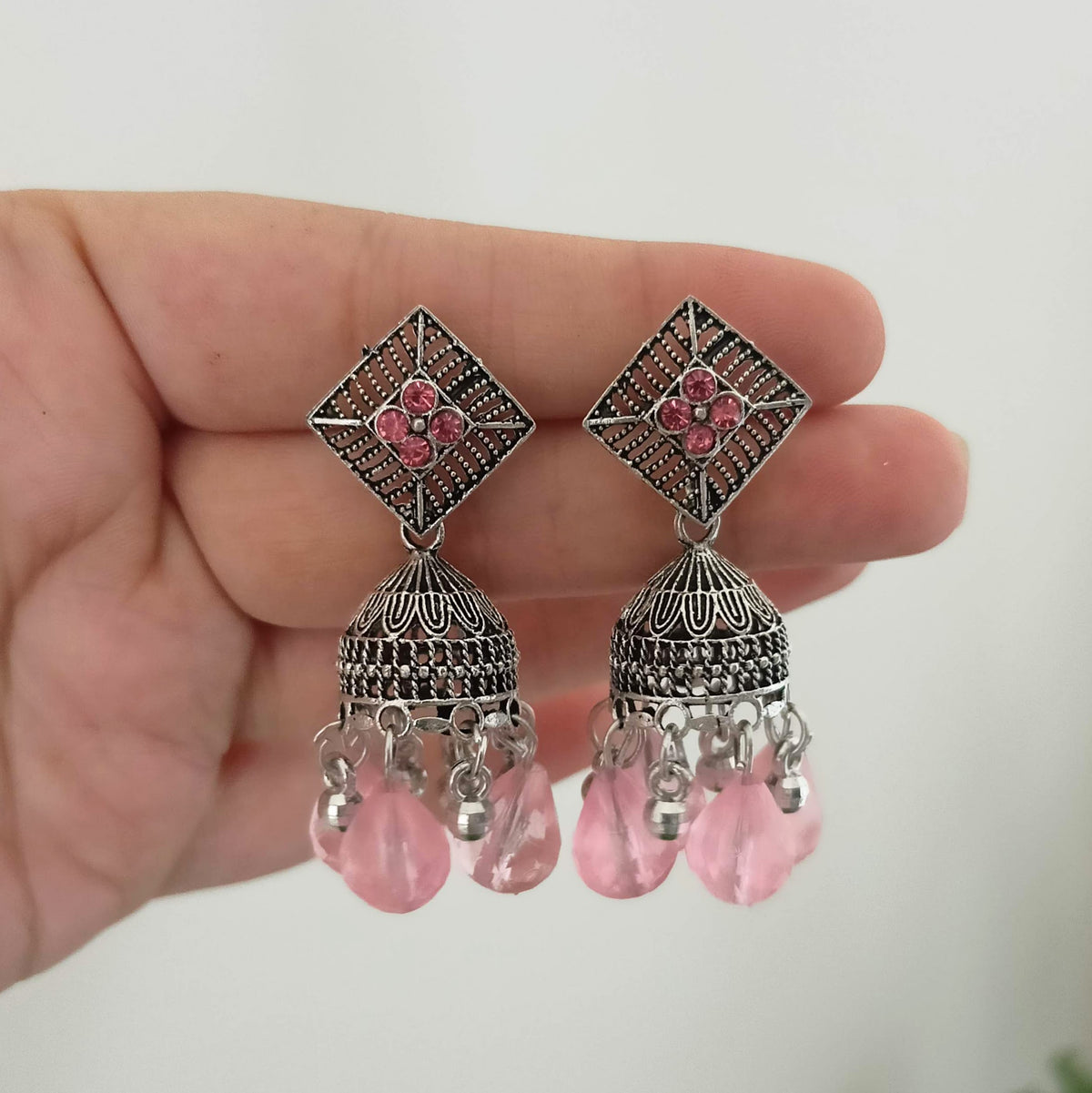Baby Pink Color Drop Beads Silver Oxidised Jhumka Earrings