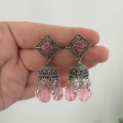 Baby Pink Color Drop Beads Silver Oxidised Jhumka Earrings