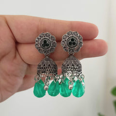 Green Color Drop Beads Silver Oxidised Jhumka Earrings